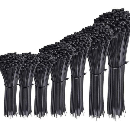 700 Piece Black Nylon Cable Ties, Lengths 4"/ 6"/ 8"/ 10"/ 12".