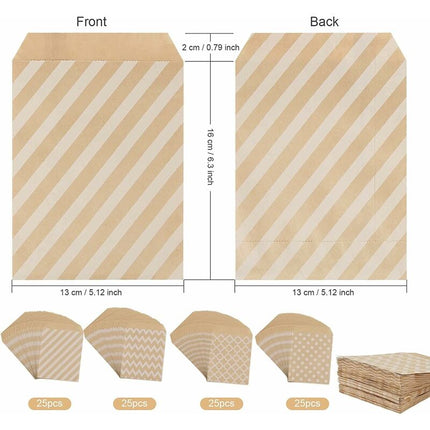 100 Pack Kraft Paper Candy Bags, Candy Cookie Favor Snacks Buffet Grocery Packaging, 4 Different Style No Wax Sweet.