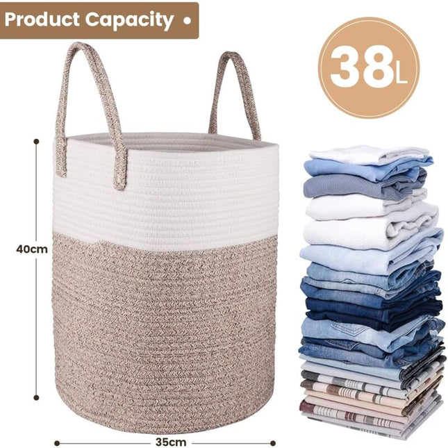 Laundry Basket - 40 X 35 Cm Foldable Storage Baskets - Cotton ROpe Laundry Basket With Handles - Toy Storage Basket -.