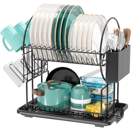 Black 2-Tier Kitchen Dish Drainer, Stainless Steel With Utensil Holder And Drip Tray.