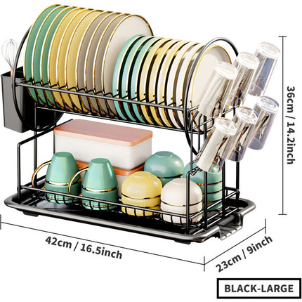 Black 2-Tier Kitchen Dish Drainer, Stainless Steel With Utensil Holder And Drip Tray.