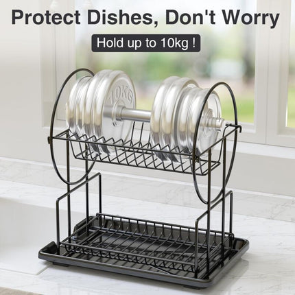Black 2-Tier Kitchen Dish Drainer, Stainless Steel With Utensil Holder And Drip Tray.