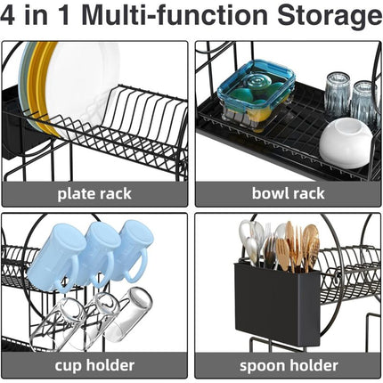 Black 2-Tier Kitchen Dish Drainer, Stainless Steel With Utensil Holder And Drip Tray.