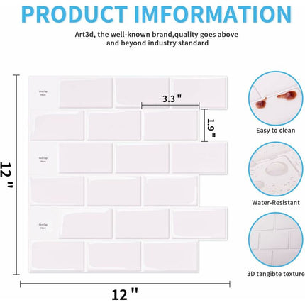 10 pcs White Subway Tiles Self Adhesive Kitchen Bathroom Backsplash 3D Vinyl Brick Adhesive Paper 30X30Cm.