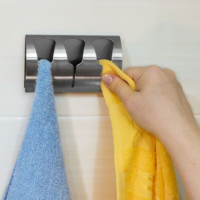 Adhesive Bathroom Towel Holder, Kitchen Towel Rack With 3 Brushed Stainless Steel Hooks, 10 Kg.