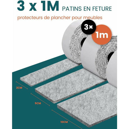 Self-Adhesive Furniture Pads, Furniture Chair Pads 3 ROlls (100 10Cm+100 5Cm+100 2Cm), Chair Pad 4Mm-Thick Felt Pad.