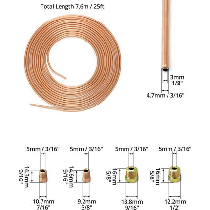 7.6M Brake Copper Hose, Brake Pipe Tube, Od 4.76Mm, Id 3.3Mm With 16 Nuts.