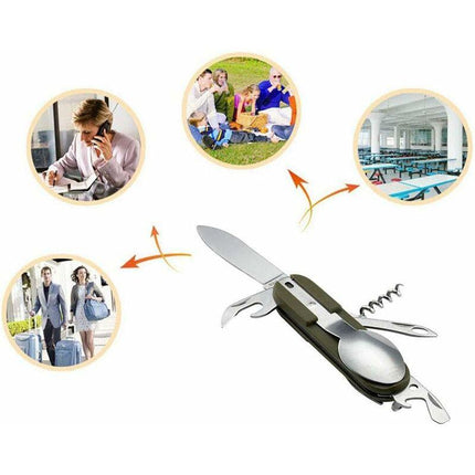 Stainless Steel Folding Tableware Set For Outdoor Camping - 7-In-1 Multi-Function Tool, Removable.
