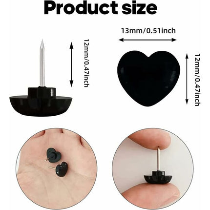 100 pcs Black Heart Shape Push Pins With Steel Point For Pictures And Walls.