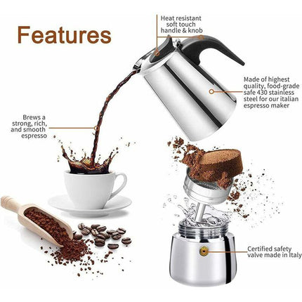 12-Cup Italian Coffee Maker In Stainless Steel, Suitable For All Types Of Hobs, 12 Cups.
