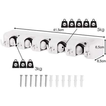 Wall Mounted Broom Holder With 5 Slots And 6 Hooks/Wall Mounted Broom Holder For Bathroom, Kitchen Or Garage - Light.