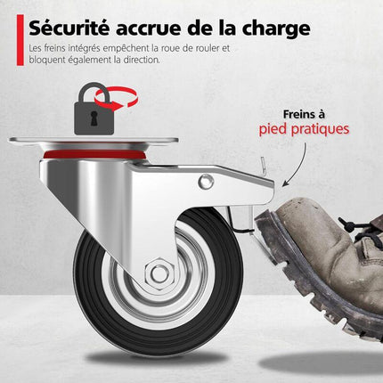 4 pcs Set 75Mm Swivel Castors With Brake - Furniture Castors Up To 50Kg Per Wheel - Heavy Duty - Rubber For Indoor And.