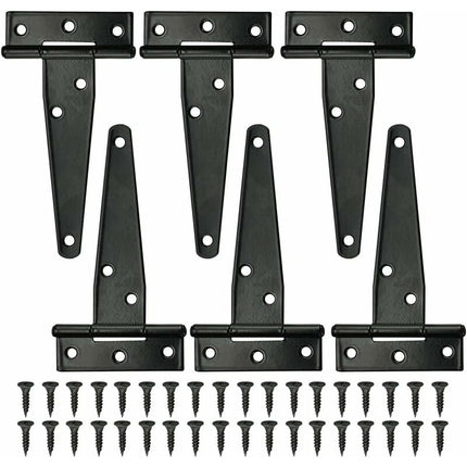 6 pcs Black T-Hinge Barn Door Hinge 4 Inch Exterior T-Hinges With 36 Screws Iron Door Hinges Heavy Duty Hinges For.