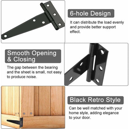 6 pcs Black T-Hinge Barn Door Hinge 4 Inch Exterior T-Hinges With 36 Screws Iron Door Hinges Heavy Duty Hinges For.