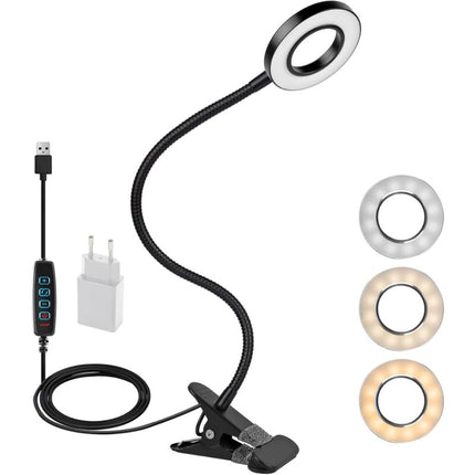 360° Flexible LED Clip-On Lamp 3 Modes 10 Dimmable Levels For Headboard Bedroom Office 12W With Ce Adapter Black.