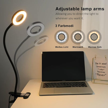 360° Flexible LED Clip-On Lamp 3 Modes 10 Dimmable Levels For Headboard Bedroom Office 12W With Ce Adapter Black.