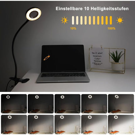 360° Flexible LED Clip-On Lamp 3 Modes 10 Dimmable Levels For Headboard Bedroom Office 12W With Ce Adapter Black.
