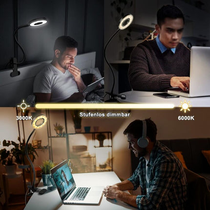 360° Flexible LED Clip-On Lamp 3 Modes 10 Dimmable Levels For Headboard Bedroom Office 12W With Ce Adapter Black.