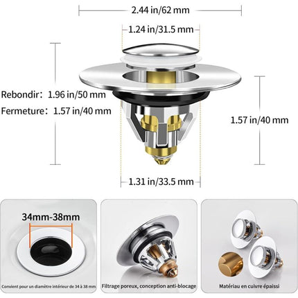 Sink Plug, Universal Pop-Up Drain Stopper With Hair Filter Anti-Odor Anti-Blocked, Stainless Steel Kitchen Sink Bathtub.