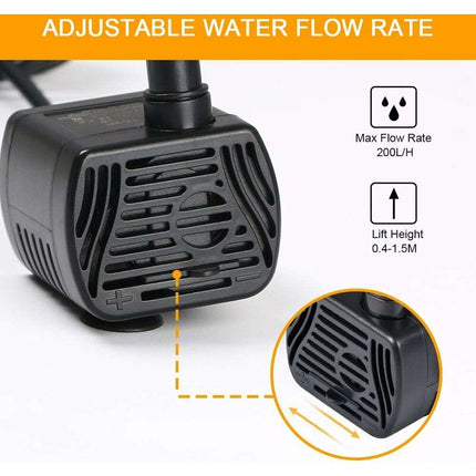 Submersible Water Pump, Aquarium Pump Adjustable 200L/H 3W Ultra-Quiet Catit Usb Pump For Pond Fish Tank Fountain Fish.