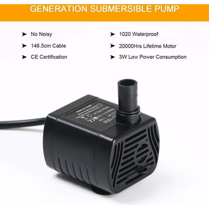 Submersible Water Pump, Aquarium Pump Adjustable 200L/H 3W Ultra-Quiet Catit Usb Pump For Pond Fish Tank Fountain Fish.