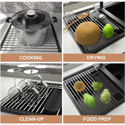 Stainless Steel Kitchen Dish Drainer Rack Foldable And Removable Stainless Steel ROller Drying Rack For Sink Draining.