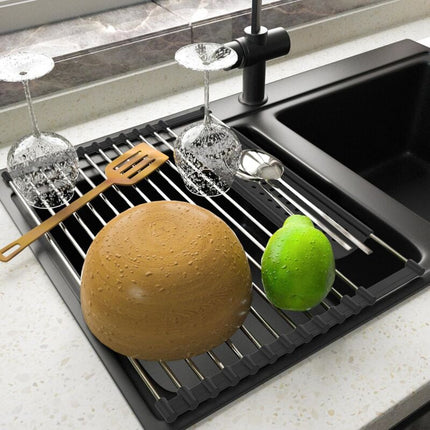 Stainless Steel Kitchen Dish Drainer Rack Foldable And Removable Stainless Steel ROller Drying Rack For Sink Draining.