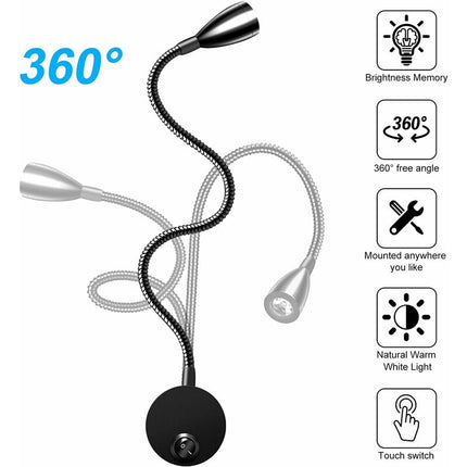 Bedside Wall Lamp 2 Pack Lights Wall Mounted Reading Light LED Gooseneck Light 3W, 6000K Warm White Reading Lamp..