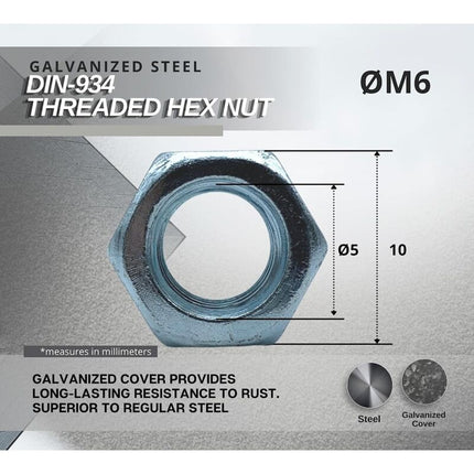 Nut 50 Hexagonal Nut M6 5Mm X 10Mm Galvanized Steel Din 934 Nut M6 For Bolts And Nuts, Coupling Elements, Adjustment.