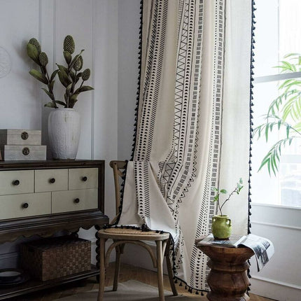 1 Panel Bohemian Curtains Cotton Linen Black Tassel Curtains For Living ROom Bedroom (White, 150 X 180 Cm).