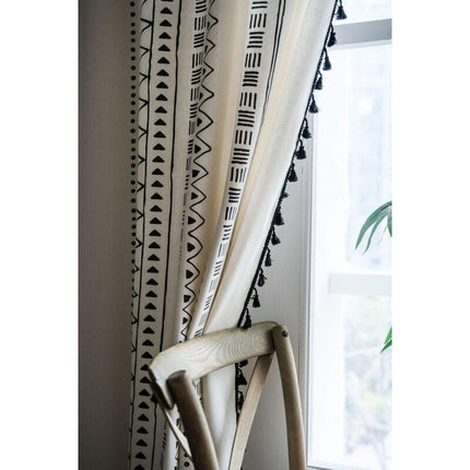 1 Panel Bohemian Curtains Cotton Linen Black Tassel Curtains For Living ROom Bedroom (White, 150 X 180 Cm).