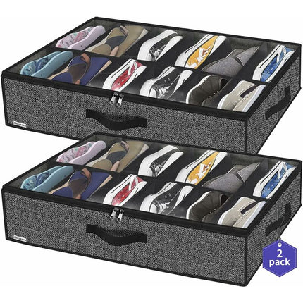 2 Pack Shoe Storage Bag With Clear Window - 12 Compartment Shoe Organizer For Under Bed Storage, Black Linen Fabric.