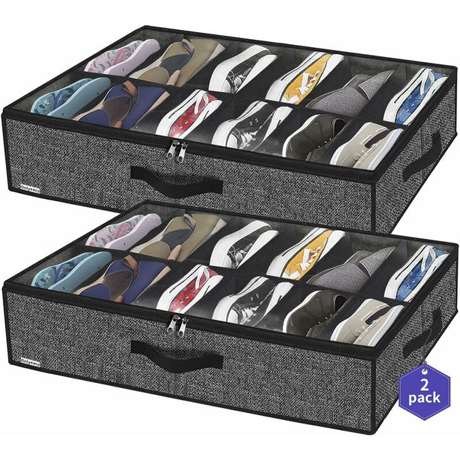 2 Pack Shoe Storage Bag With Clear Window - 12 Compartment Shoe Organizer For Under Bed Storage, Black Linen Fabric.