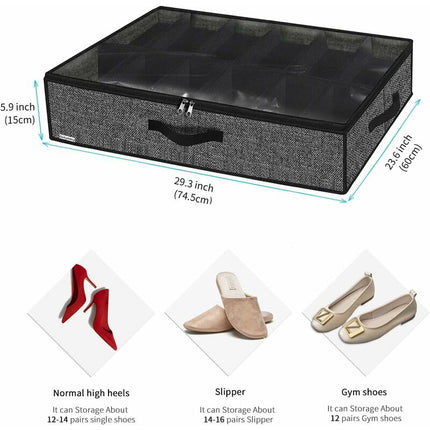 2 Pack Shoe Storage Bag With Clear Window - 12 Compartment Shoe Organizer For Under Bed Storage, Black Linen Fabric.