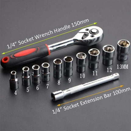 12 Piece 6.35Mm Ratchet Wrench Set, Mechanics Tool Kit & Sockets With Quick Release Reversible Ratchet Handle &.