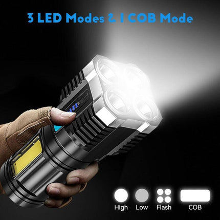 Super Bright LED Torches, Usb Rechargeable Torch With Side Light 4 Modes Cob Powerful Lumens For Outdoor Camping Torch.