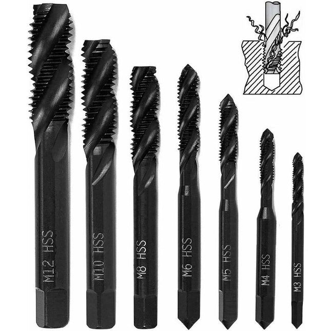 7 pcs Nitride Spiral Point Thread Taps, Hss 6542 Metric Machine Taper Shank Thread Tapping Tool M3 M4 M5 M6 M8 M10 M12.