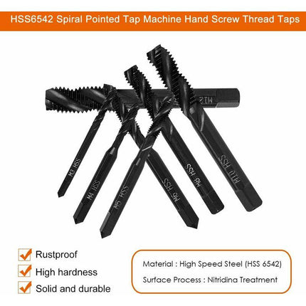 7 pcs Nitride Spiral Point Thread Taps, Hss 6542 Metric Machine Taper Shank Thread Tapping Tool M3 M4 M5 M6 M8 M10 M12.