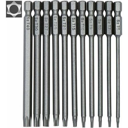 11 Piece Long Torx Screwdriver Bit Set - Magnetic Bits - 1/4" Hex Shank - Sizes T6 To T40 - 100Mm Length.