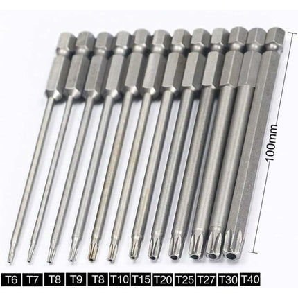 11 Piece Long Torx Screwdriver Bit Set - Magnetic Bits - 1/4" Hex Shank - Sizes T6 To T40 - 100Mm Length.