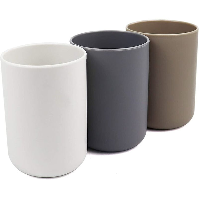 Bathroom Tumbler, Toothbrush Holder, 3 pcs Set, Food Grade Plastic, Absolutely Unbreakable (White, Gray, Brown).