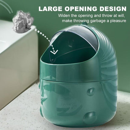 Mini Desktop Trash Can With Lid For Bathroom Kitchen Office Cartoon Style Portable Green.
