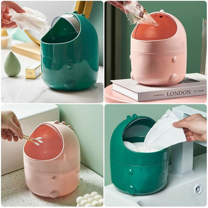 Mini Desktop Trash Can With Lid For Bathroom Kitchen Office Cartoon Style Portable Green.