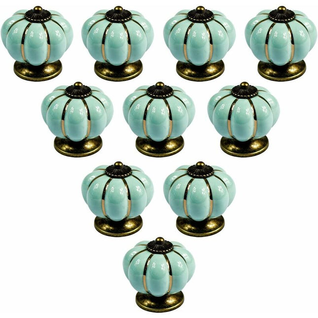 10 pcs Vintage European Style Ceramic Pumpkin Cabinet Knobs Dresser Cupboard Drawer Pull Handles Knobs, Light Blue.