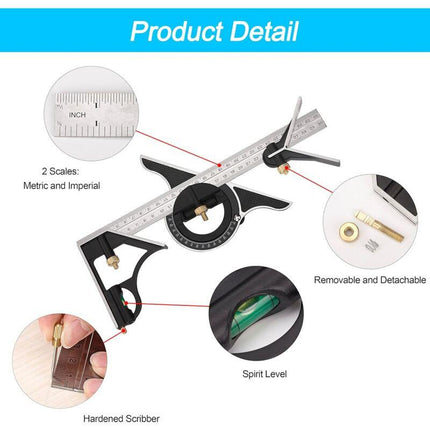 Metal Combination Square Multi-Function Carpentry Ruler Combination Angle Ruler With Zero Level Protractor Straight.