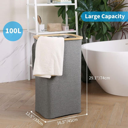 Large Laundry Basket With Lid, 100L Dirty Basket With Bamboo Handles For Clothes, Laundry Basket Xxl Foldable With.