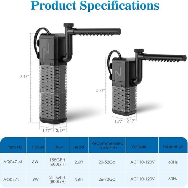 Adjustable Aquarium Filter 600L/H Aquarium Pump, Ultra-Quiet Internal Aquarium Filter Suitable For Aquariums Up To 200L.