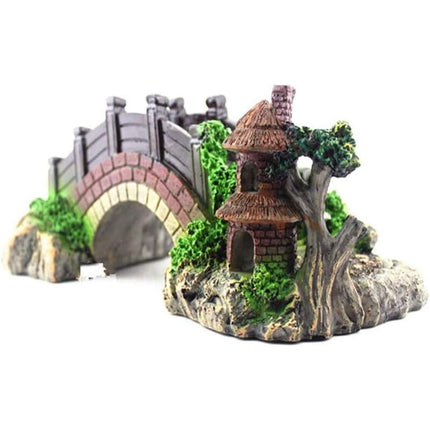 Aquarium Bridge Ornament,Fish Tank Landscape Decor Aquarium Resin Bridge Fish Tank Arch Pavilion Tree Garden Aquarium.