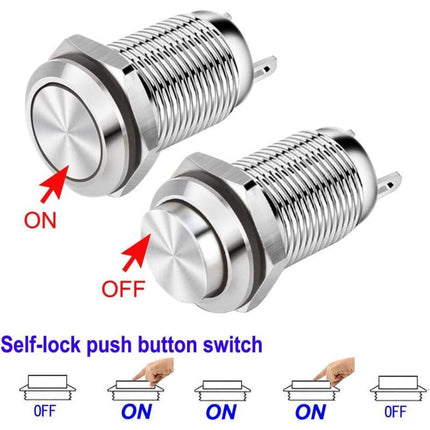 4 pcs 12Mm 3A 12V/24V/125V/250V Ac Self-Locking Waterproof Push Button Switch Nickel Plated Copper On Off Push Button.