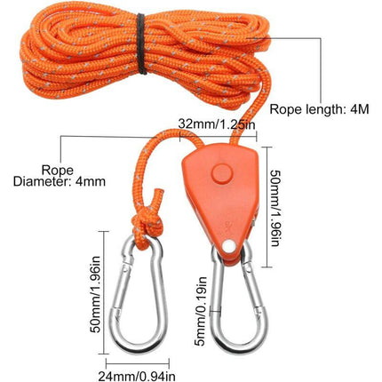2 Pieces 4M Adjustable Ratchet ROpe, Orange 1/8 Ratchet Pulley With 2 Replacement Hooks, Reflective Ratchet ROpe.